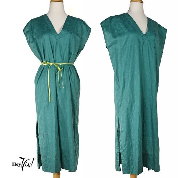 Vintage Green Sheath Dress Simple Design V Neck w Side Slits Size XL - Hey Viv - Picture 1 of 5